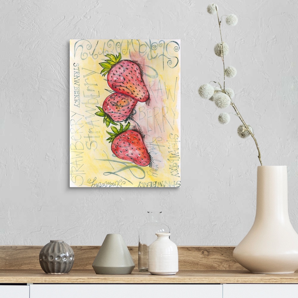 A farmhouse room featuring Graphic illustration of several strawberries overlapping a golden background, with text in variou...