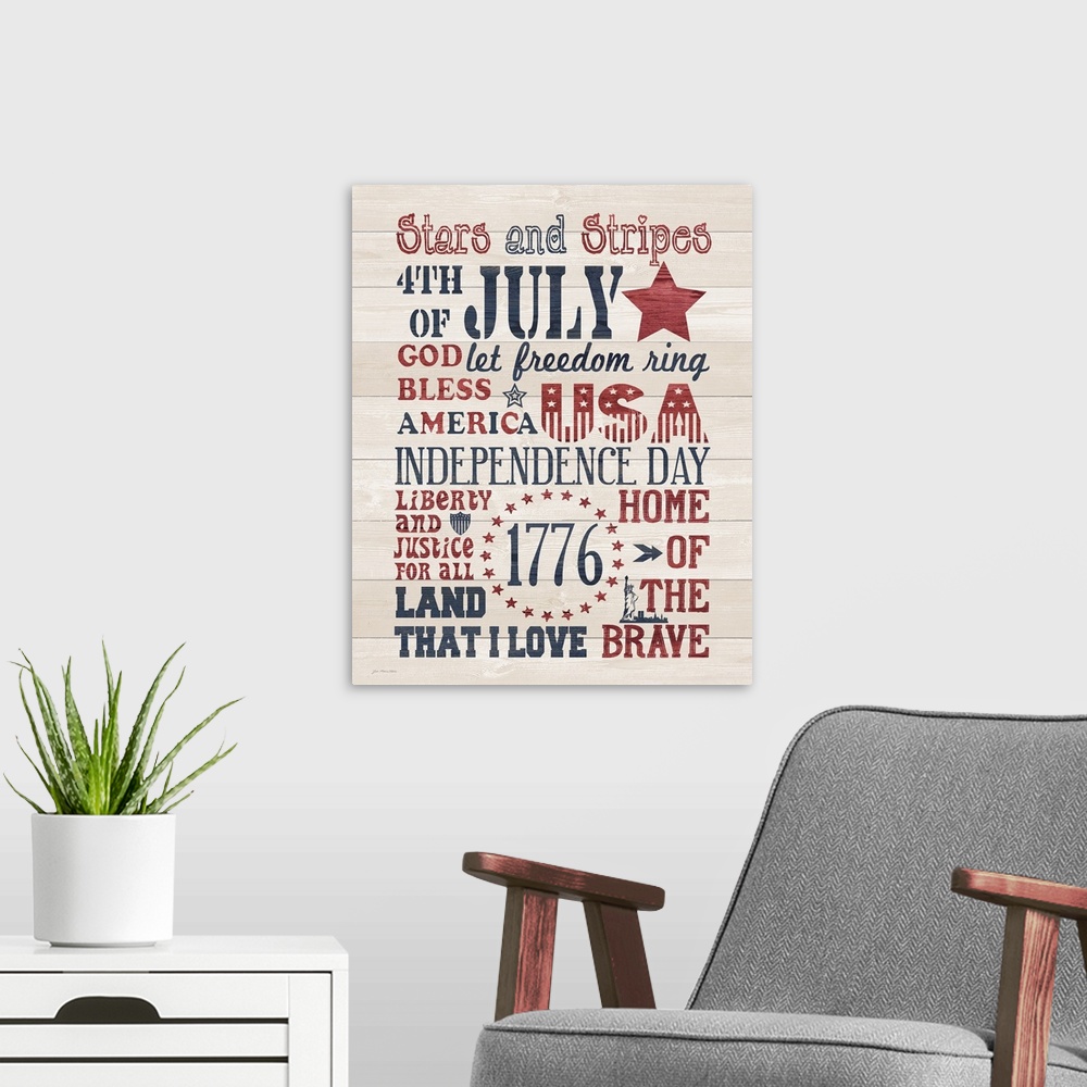 A modern room featuring Distressed typographic art of U.S.A. theme on a shiplap wood background.