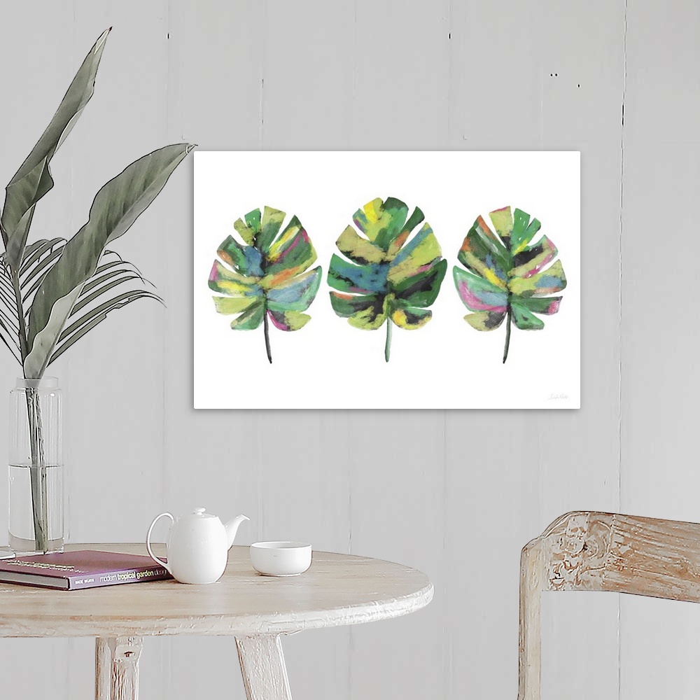 A farmhouse room featuring Contemporary painting of three colorful palm leaves on a white background.