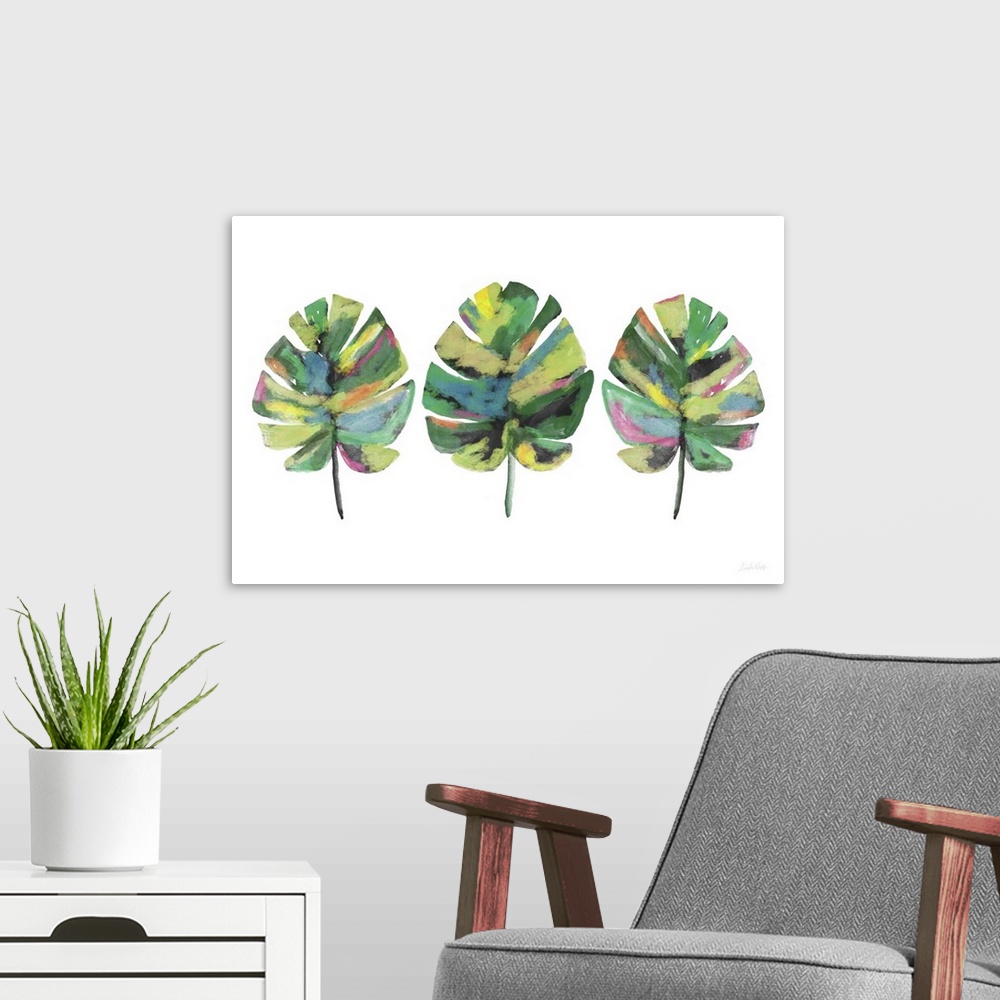 A modern room featuring Contemporary painting of three colorful palm leaves on a white background.