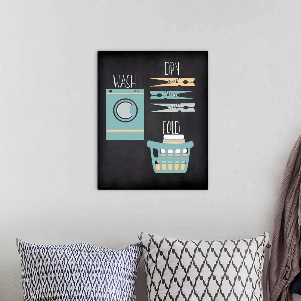 A bohemian room featuring Typographic laundry art on a chalkboard style background.