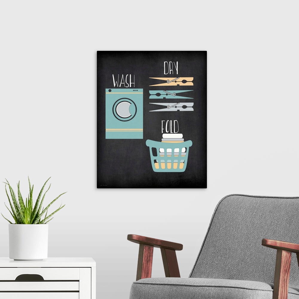 A modern room featuring Typographic laundry art on a chalkboard style background.