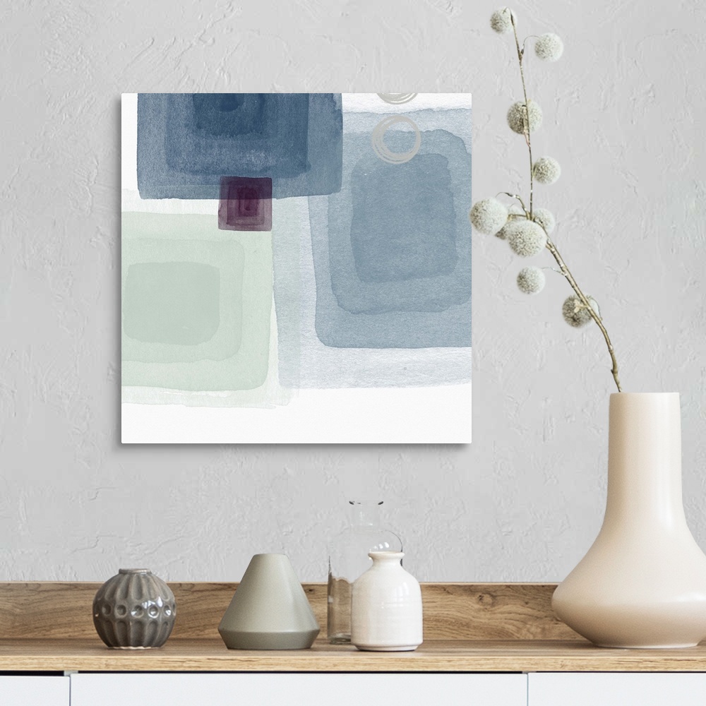 A farmhouse room featuring Square abstract geometric watercolor painting with darker squares stacked inside lighter squares ...
