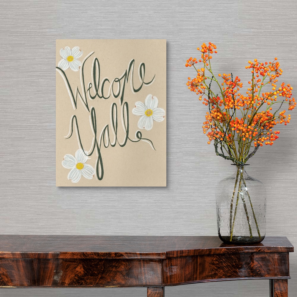 A traditional room featuring Textual art in a script font surrounded by floral graphics, on a neutral background.
