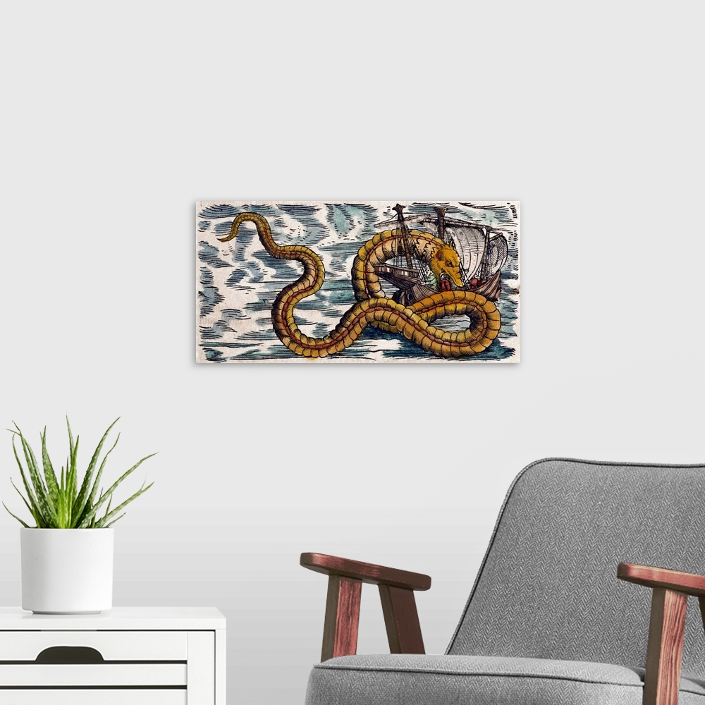 A modern room featuring 1558 Conrad Gessner Volume 4, Sea Serpents from his \Historia Animalium\. Later hand colouring. G...