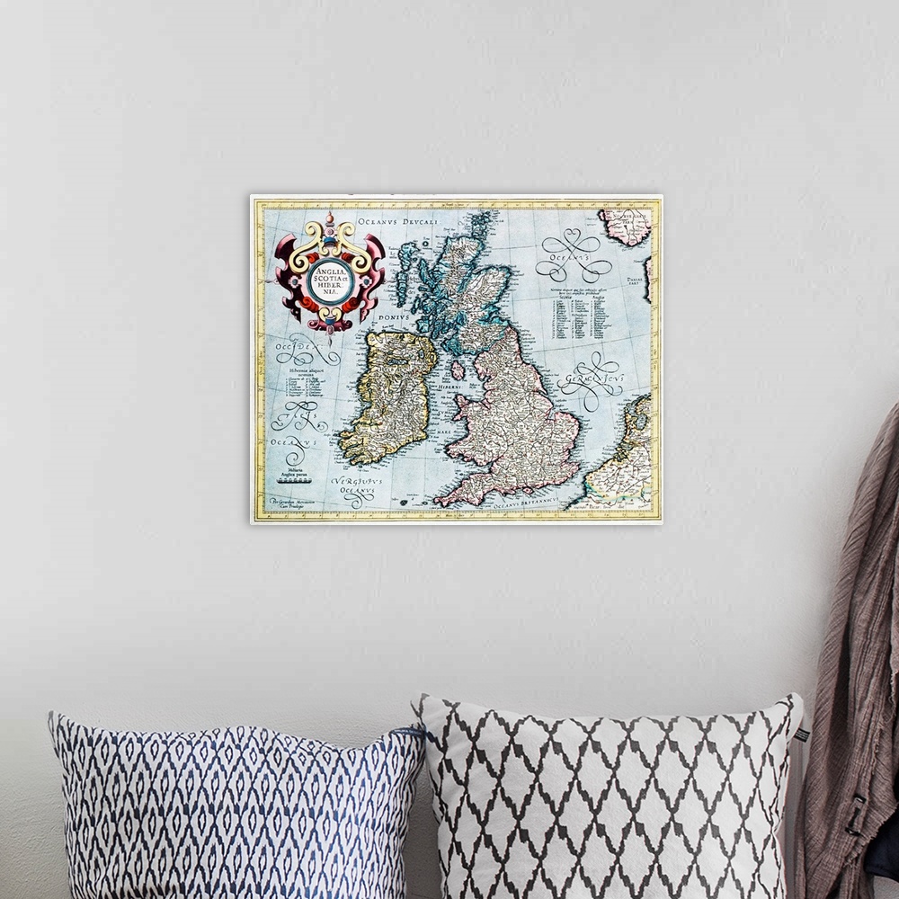 A bohemian room featuring British Isles, 16th century Dutch map. This shows England, Scotland, Wales and Ireland, though Ir...
