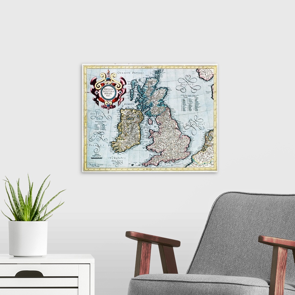 A modern room featuring British Isles, 16th century Dutch map. This shows England, Scotland, Wales and Ireland, though Ir...