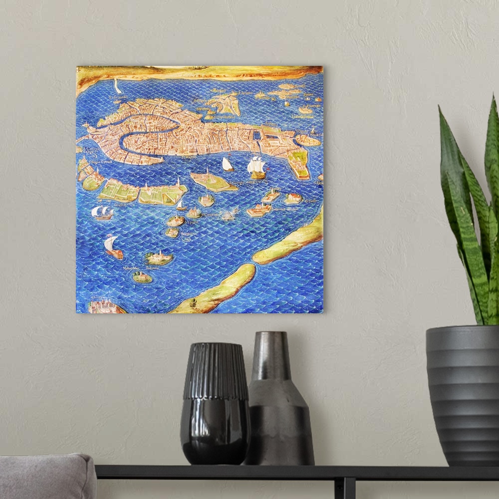 A modern room featuring 16th century map of Venice showing the lagoon. Venice is a coastal city in the north-east of Ital...
