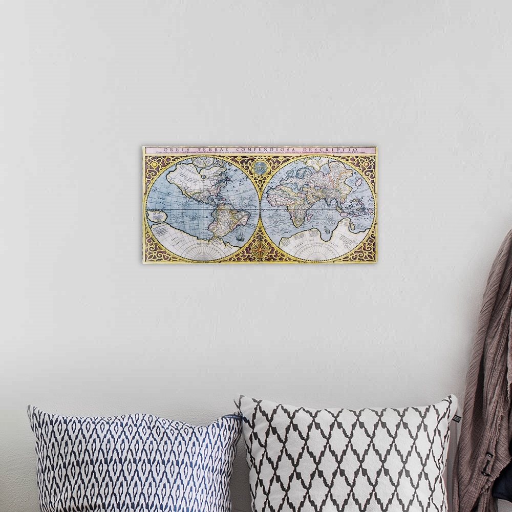 A bohemian room featuring World map. 16th century Dutch map of the western (left) and eastern (right) hemispheres of Earth....