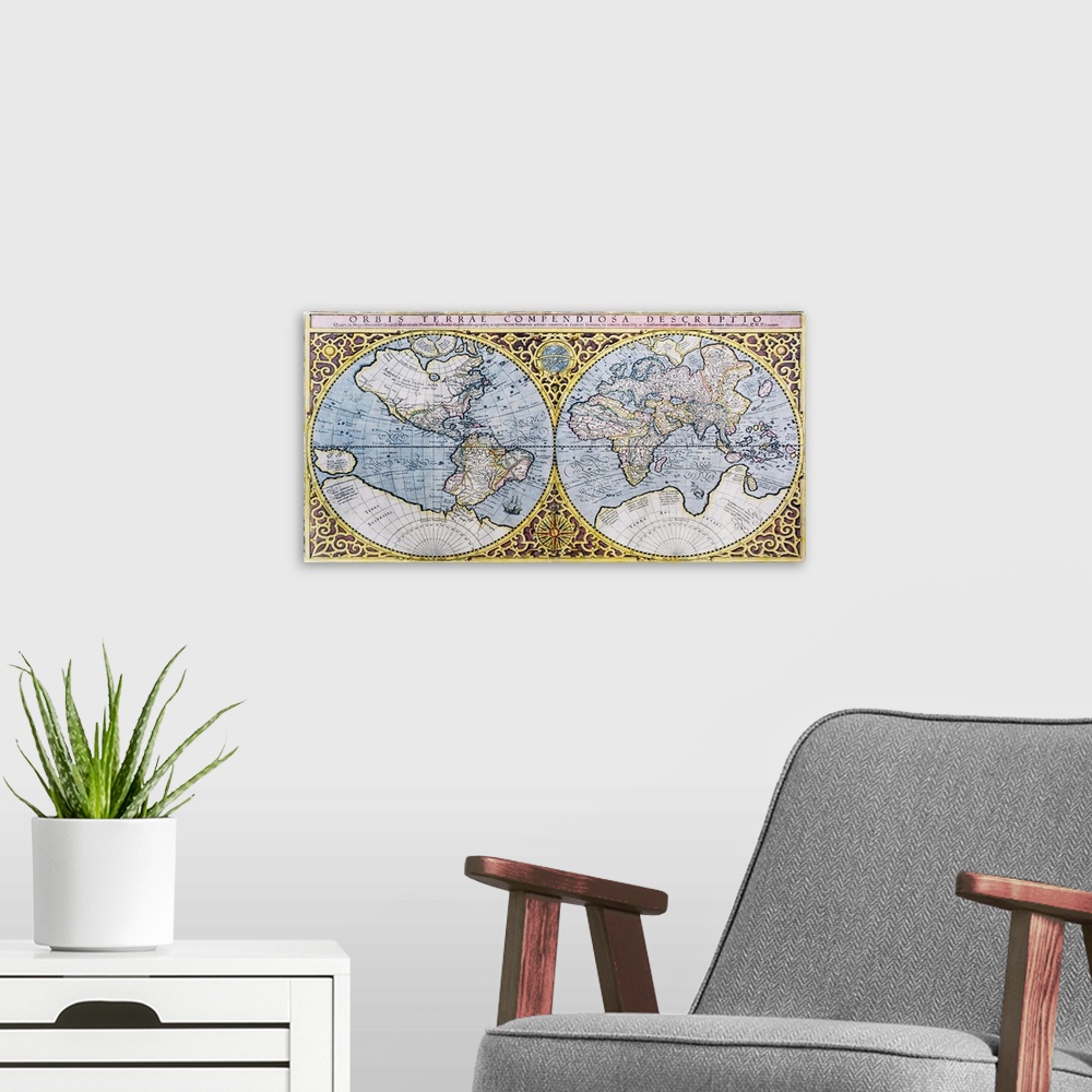 A modern room featuring World map. 16th century Dutch map of the western (left) and eastern (right) hemispheres of Earth....