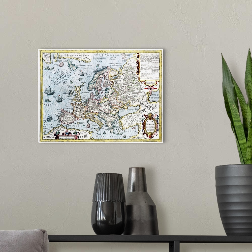 A modern room featuring Europe, 17th century Dutch map. The known lands of Europe are accurately mapped, but the Arctic l...