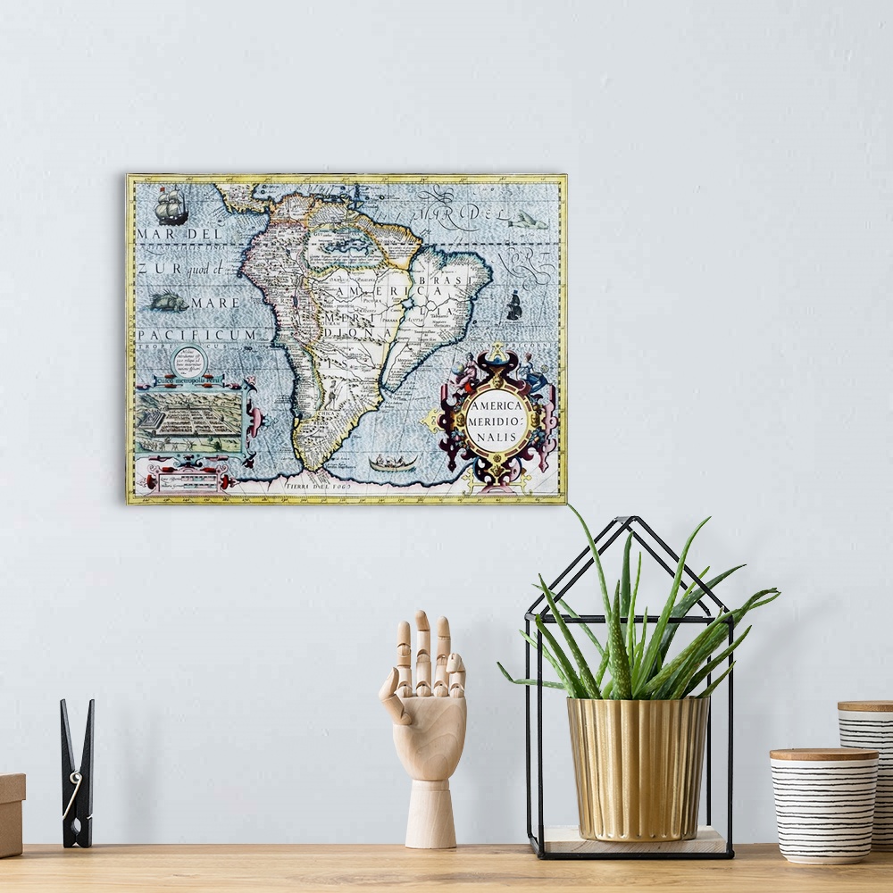 A bohemian room featuring South America, 17th century Dutch map. This shows the new continent that was being discovered by ...