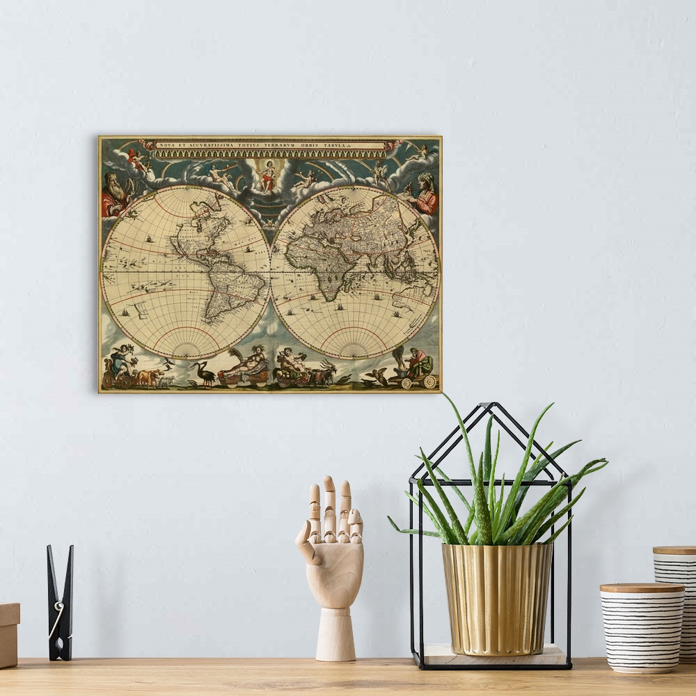 A bohemian room featuring World map, published around 1664 in Amsterdam, the Netherlands, by Dutch mapmaker Joan Blaeu (c.1...