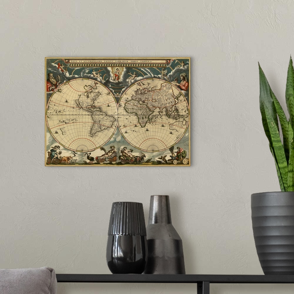 A modern room featuring World map, published around 1664 in Amsterdam, the Netherlands, by Dutch mapmaker Joan Blaeu (c.1...
