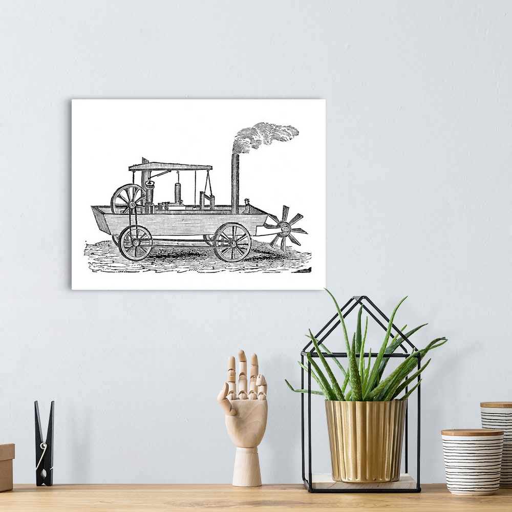 A bohemian room featuring 19th Century amphibious vehicle, artwork. Historical wood engraving of a 19th Century steam-power...