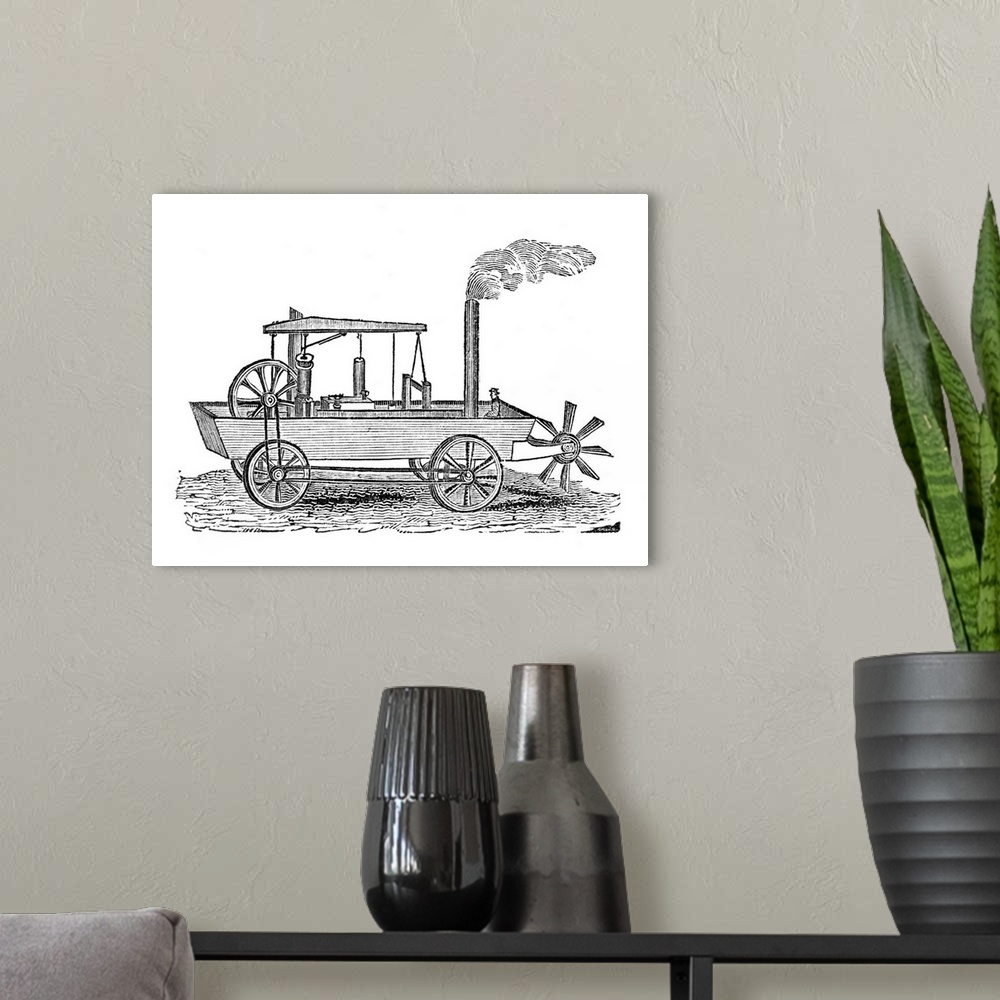 A modern room featuring 19th Century amphibious vehicle, artwork. Historical wood engraving of a 19th Century steam-power...