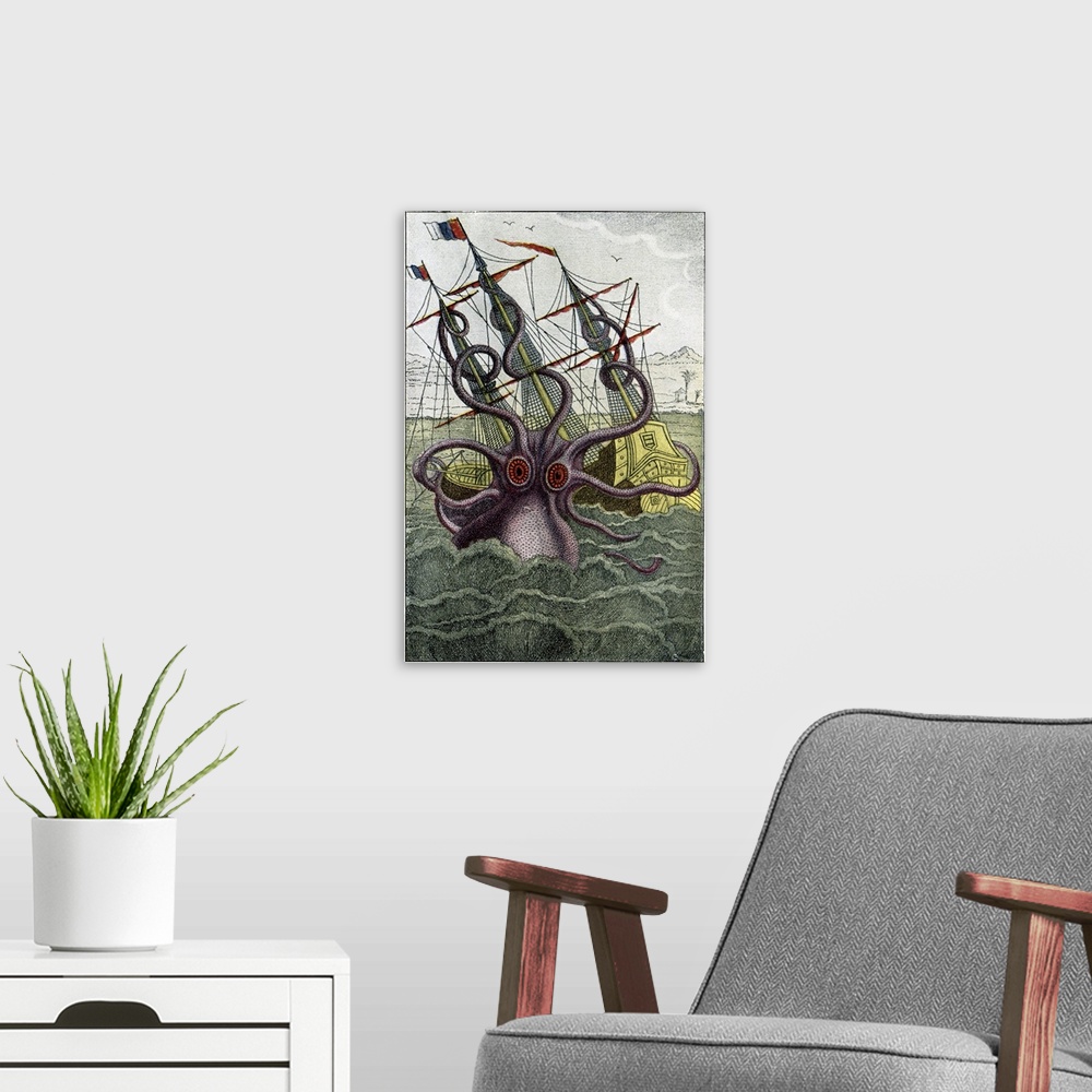 A modern room featuring 16th Century French engraving. Historical coloured print of a mythical giant squid (Kraken) attac...
