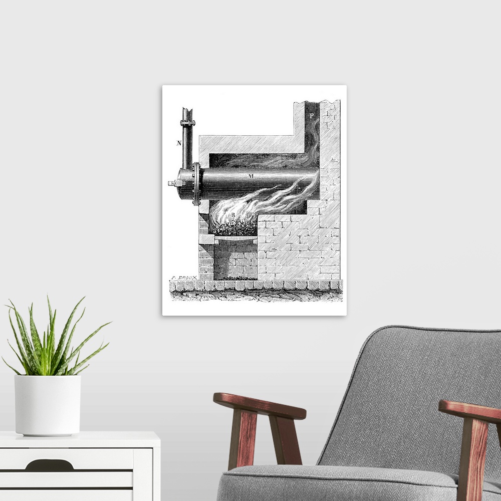 A modern room featuring 19th Century furnace for gas lighting. Historical artwork showing a coal-fired furnace designed b...