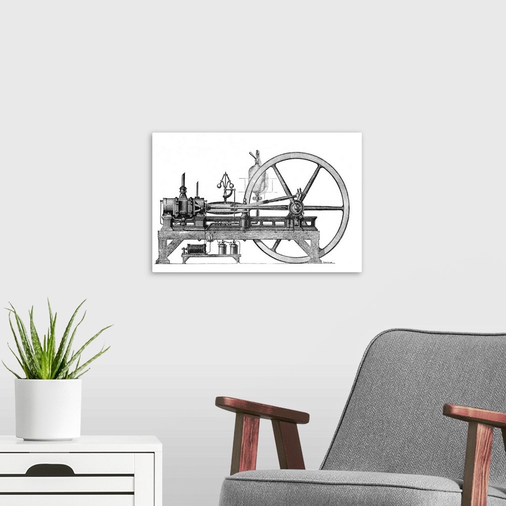 A modern room featuring 19th Century internal combustion engine. Historical artwork of a three-horsepower internal combus...