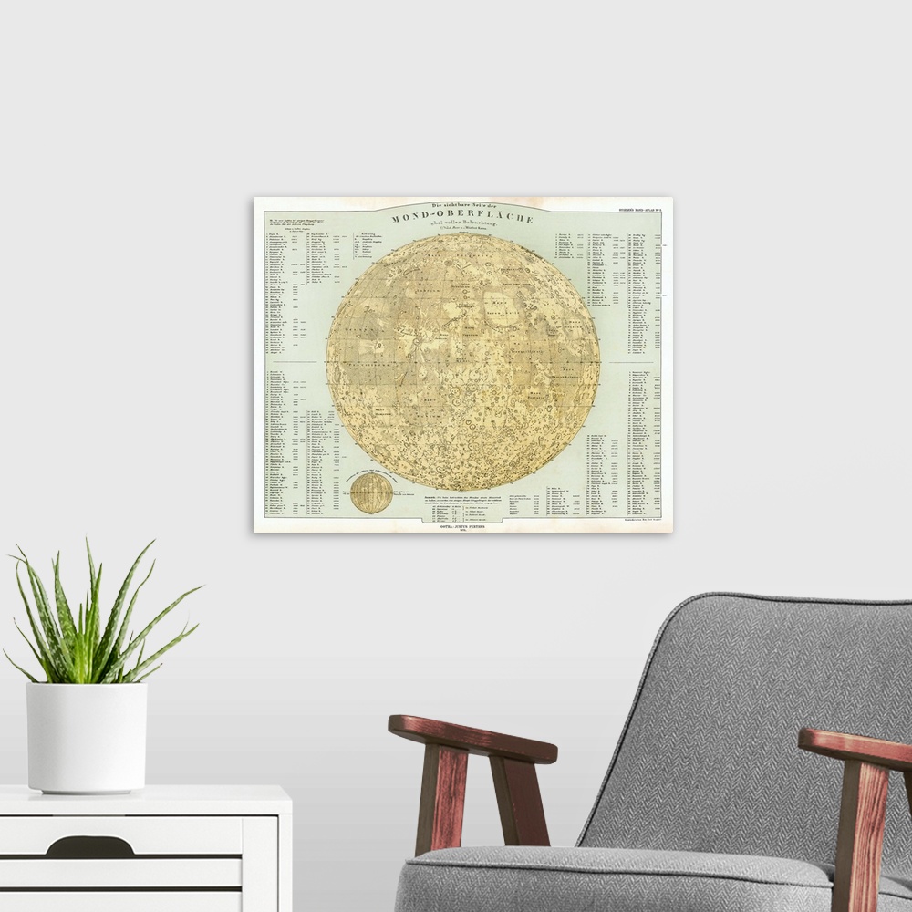 A modern room featuring Map of the Moon. Published in 1872, this lunar map uses the work of the German astronomers Wilhel...