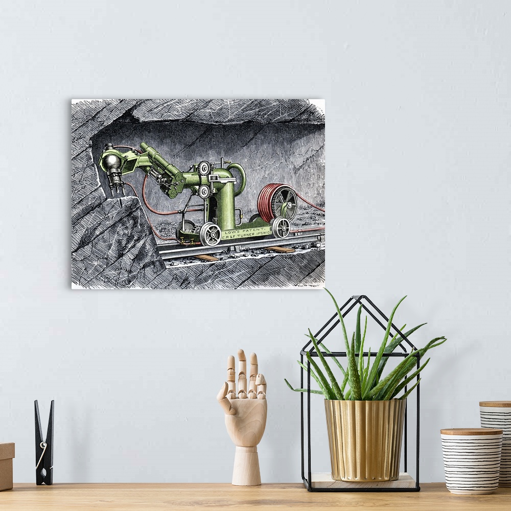 A bohemian room featuring 19th-century mining machine. Artwork of the rock- boring machine invented and patented by George ...