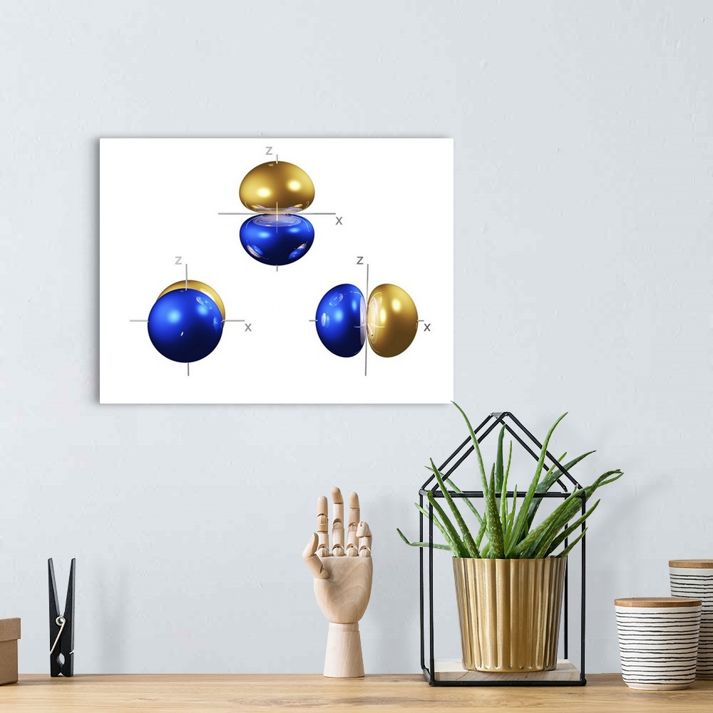 A bohemian room featuring 2p electron orbitals, computer model. An electron orbital is a region around an atomic nucleus (n...
