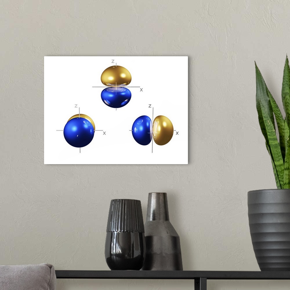 A modern room featuring 2p electron orbitals, computer model. An electron orbital is a region around an atomic nucleus (n...