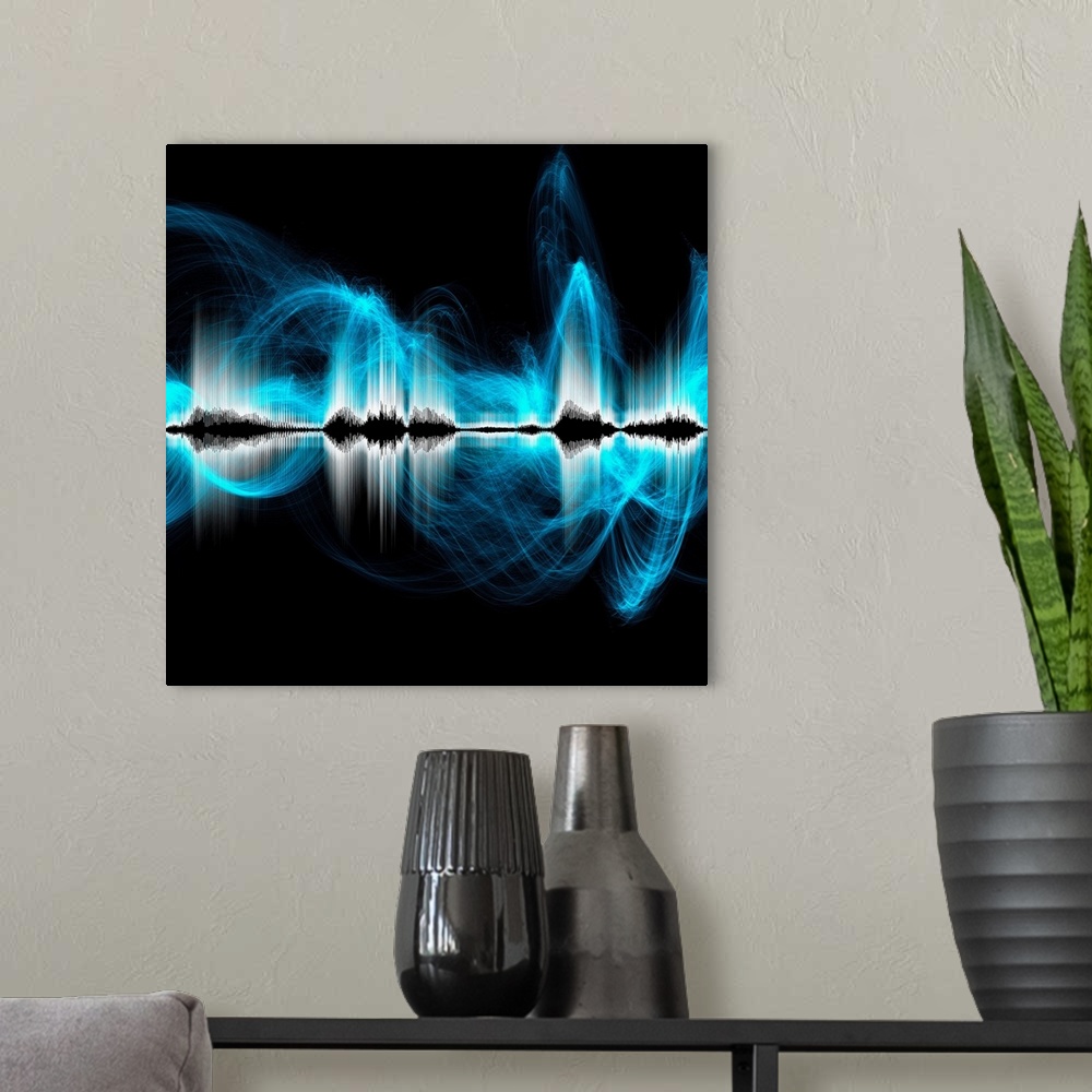 A modern room featuring Abstract sound waves, illustration.