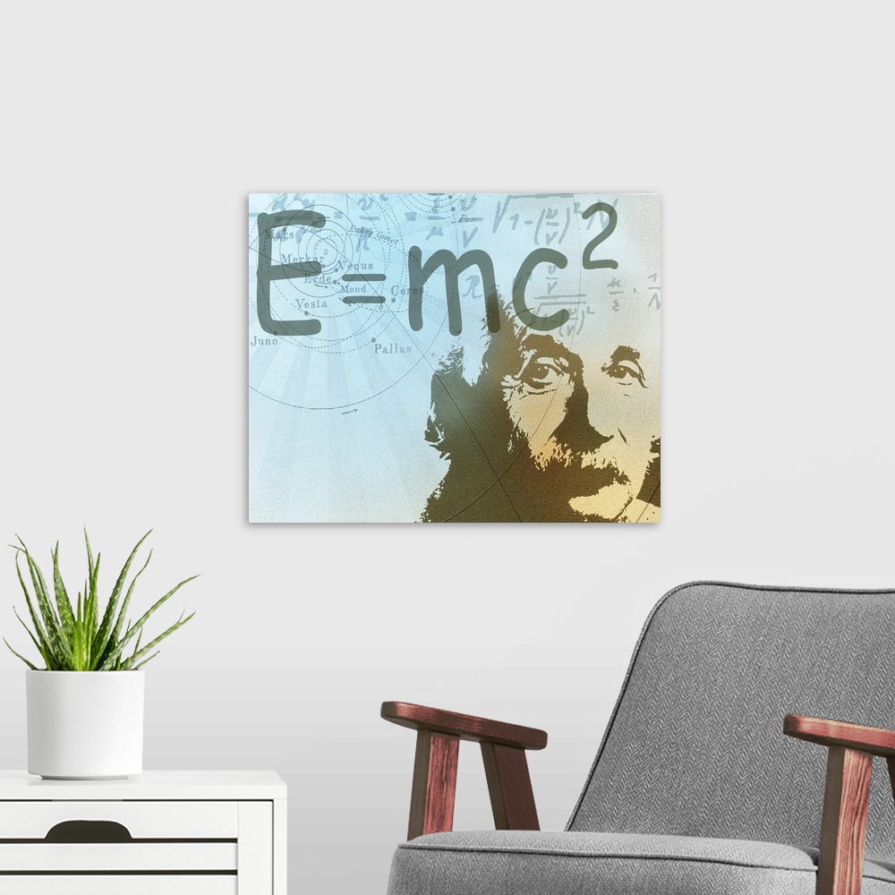A modern room featuring Albert Einstein. Computer illustration of the German-American physicist Albert Einstein (1879- 19...
