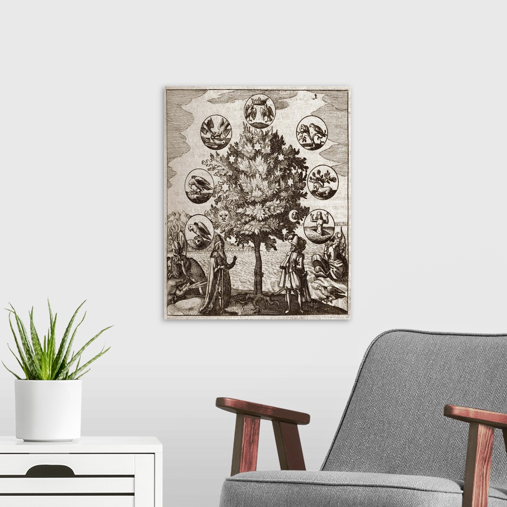 A modern room featuring The Alchemical Tree. Engraving depicting a tree surrounded by figures used in allegory by alchemi...