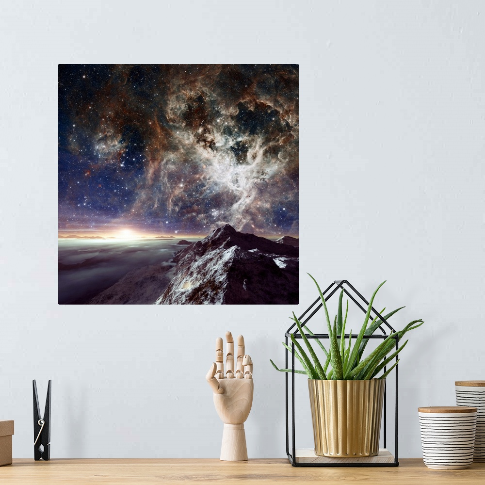 A bohemian room featuring Alien planet and nebula. Computer illustration of a view across the rocky surface of an alien pla...