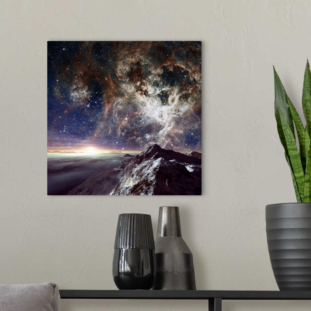 A modern room featuring Alien planet and nebula. Computer illustration of a view across the rocky surface of an alien pla...