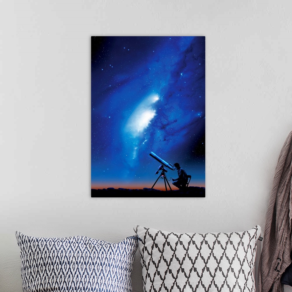 A bohemian room featuring Amateur astronomy. Computer artwork of a silhouetted amateur astronomer using a telescope to view...