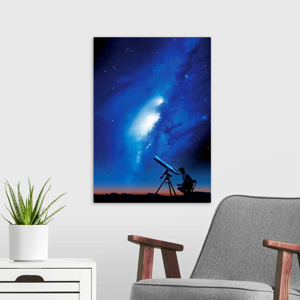 A modern room featuring Amateur astronomy. Computer artwork of a silhouetted amateur astronomer using a telescope to view...