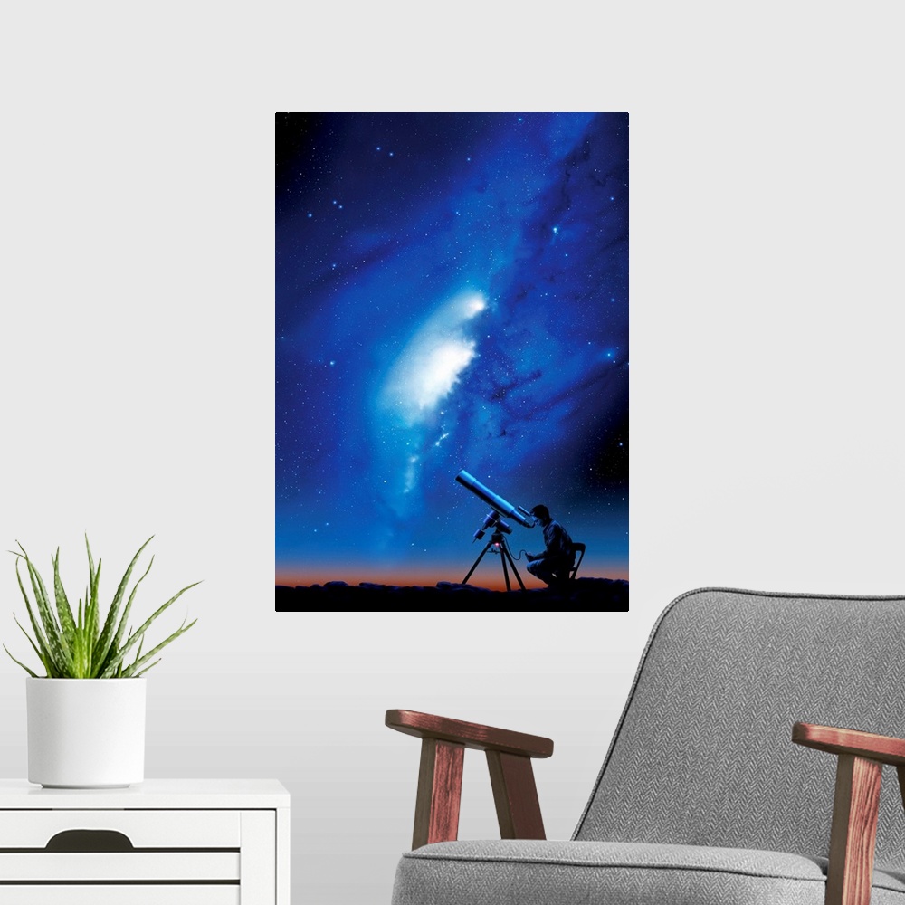 A modern room featuring Amateur astronomy. Computer artwork of a silhouetted amateur astronomer using a telescope to view...