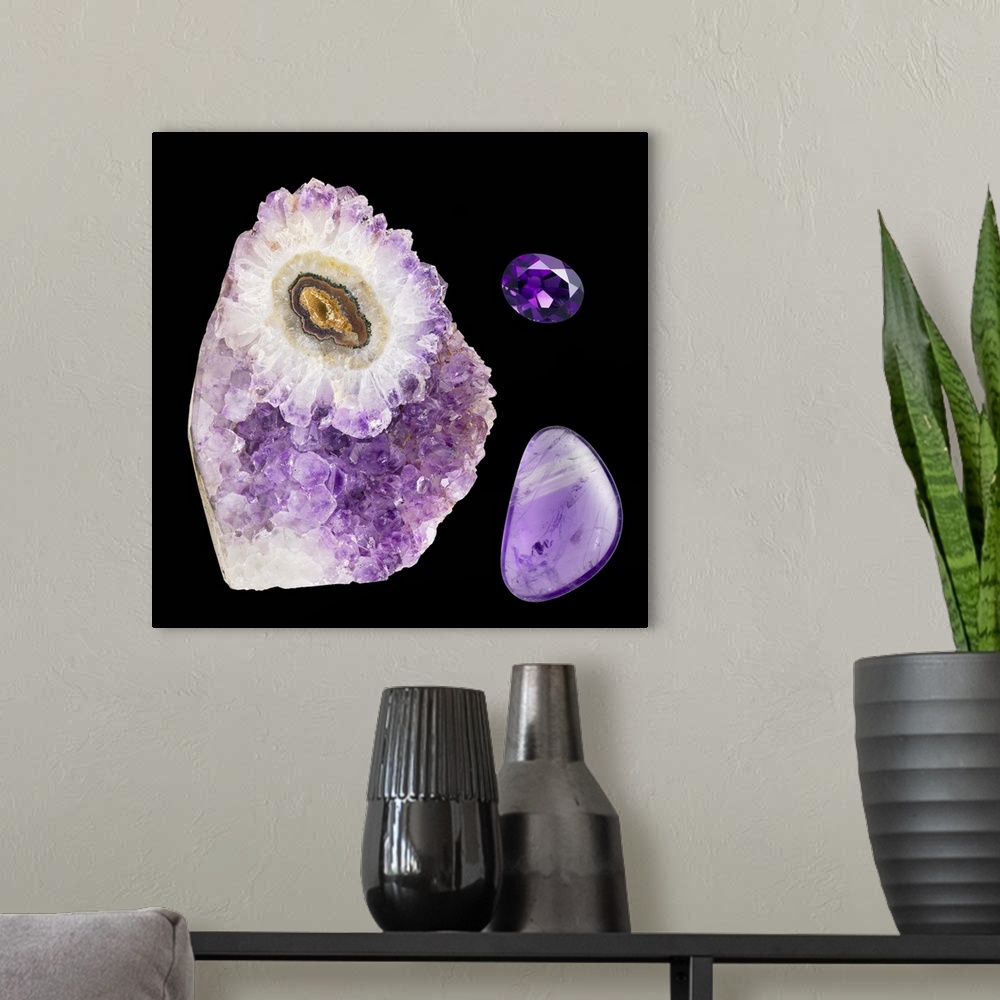 A modern room featuring Amethyst. The specimen at left is in its natural state, the specimen at bottom right has been pol...