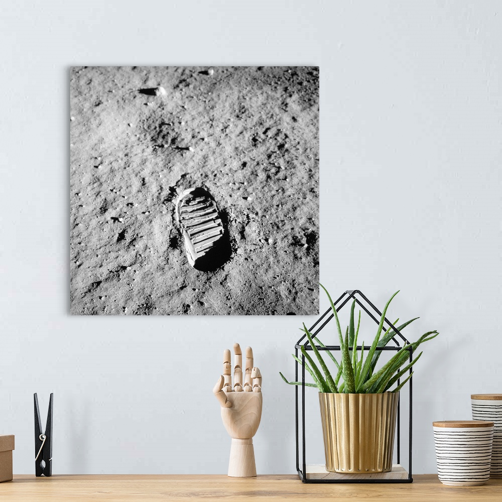A bohemian room featuring Apollo 11 bootprint on Moon. This bootprint was made by US astronaut Buzz Aldrin (born 1930), the...