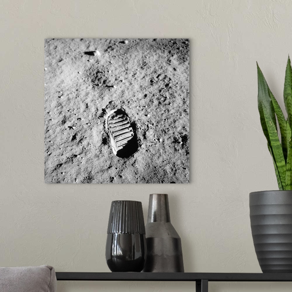 A modern room featuring Apollo 11 bootprint on Moon. This bootprint was made by US astronaut Buzz Aldrin (born 1930), the...