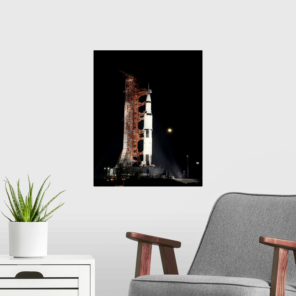 A modern room featuring Apollo 12 launch rehearsal. Night-time view of Pad A, Launch Complex 39, Kennedy Space Center (KS...