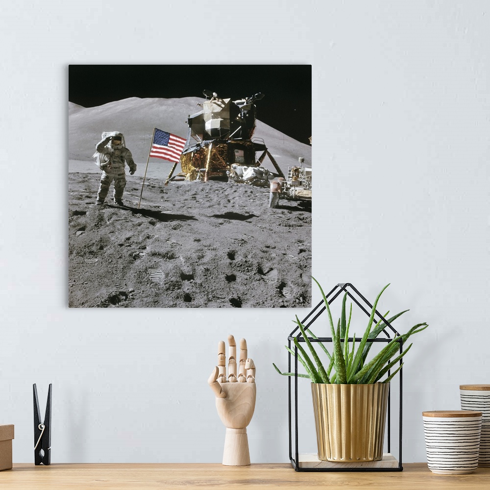 A bohemian room featuring Apollo 15 lunar surface exploration, August 1971. US astronaut James Irwin saluting next to the U...