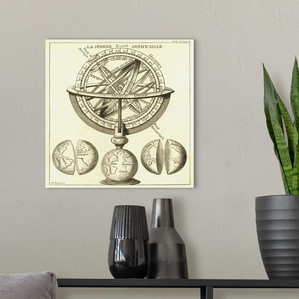 A modern room featuring Armillary sphere, 18th century. Artwork of a French armillary sphere dating from 1705. This astro...