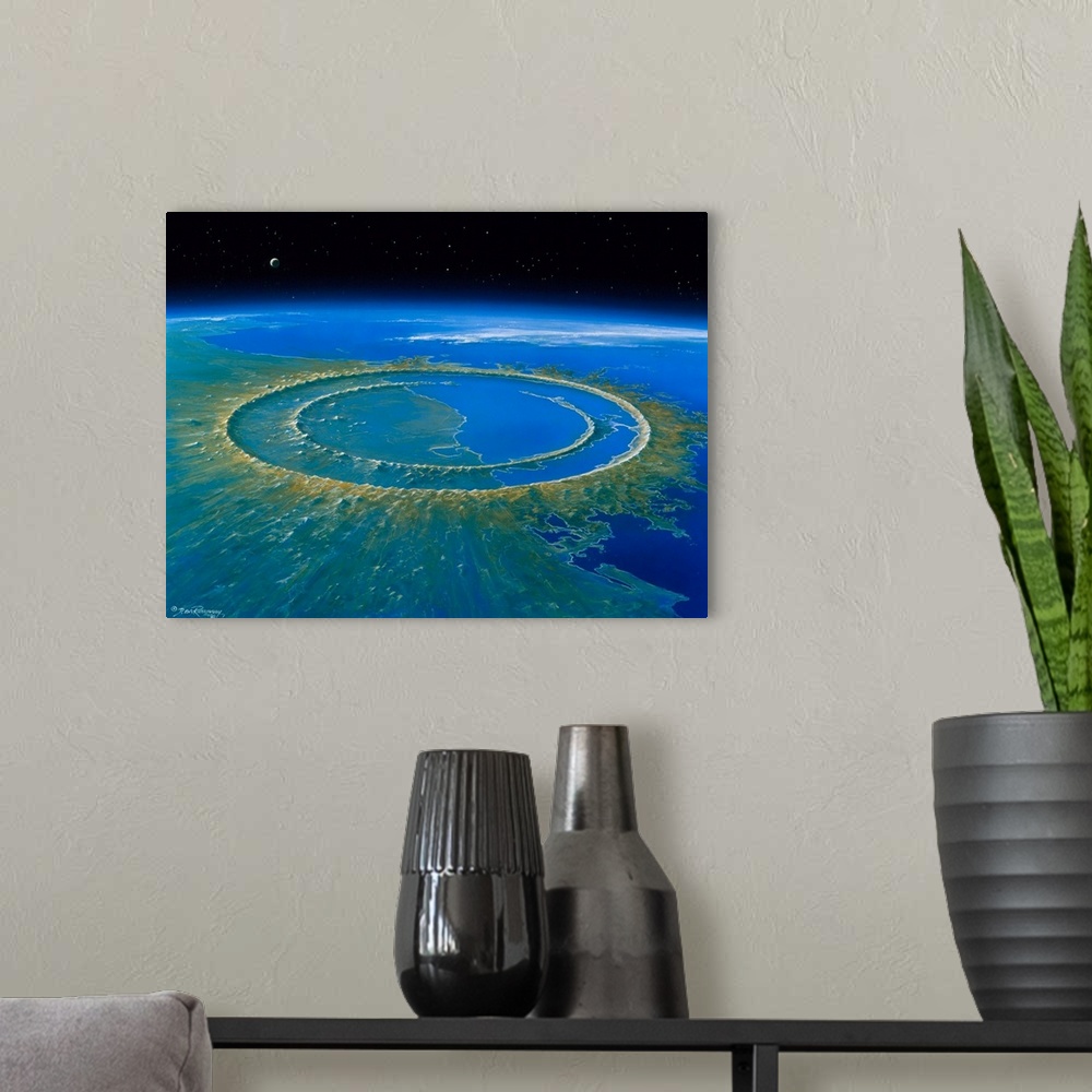 A modern room featuring Chicxulub crater. Artwork of the Chicxulub impact crater on the Yucatan Peninsula, Mexico, soon a...