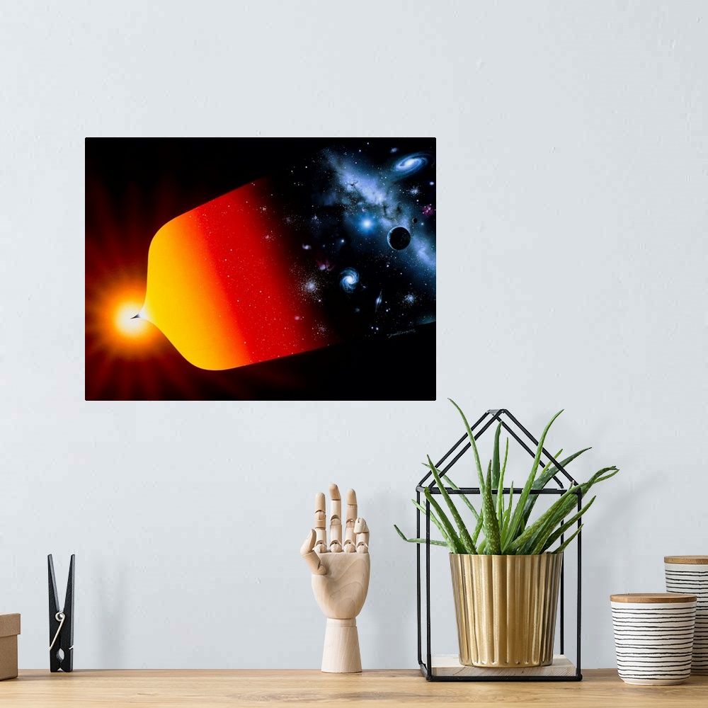 A bohemian room featuring Universe history. Artwork showing the history of the Universe, from its creation (Big Bang), to t...
