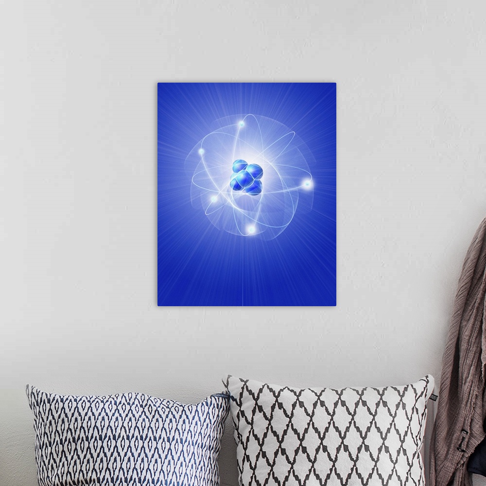 A bohemian room featuring Atomic structure. Conceptual computer artwork of five electrons orbiting a central nucleus. This ...