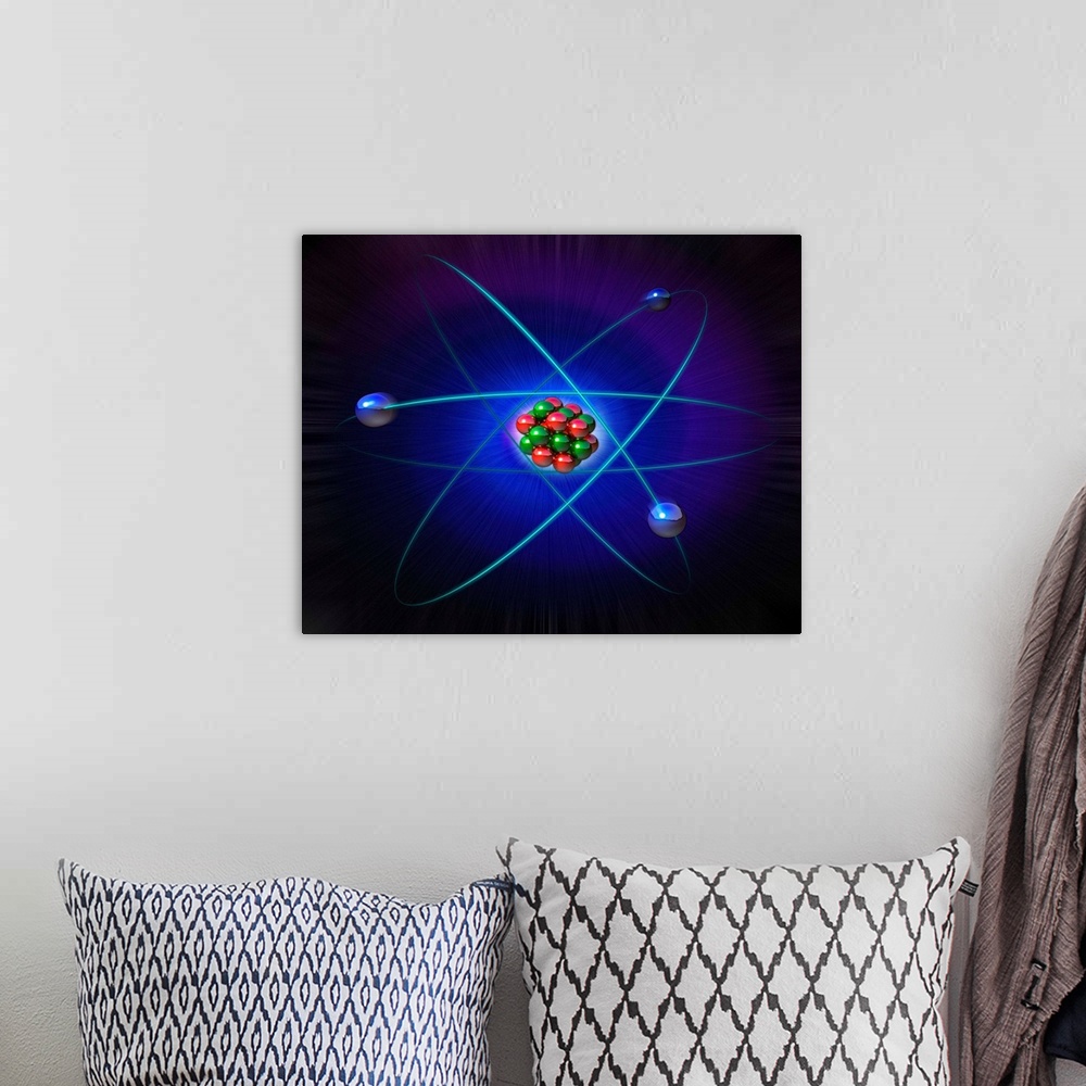 A bohemian room featuring Atomic structure. Conceptual computer artwork of atomic structure. Three electrons (blue) are see...