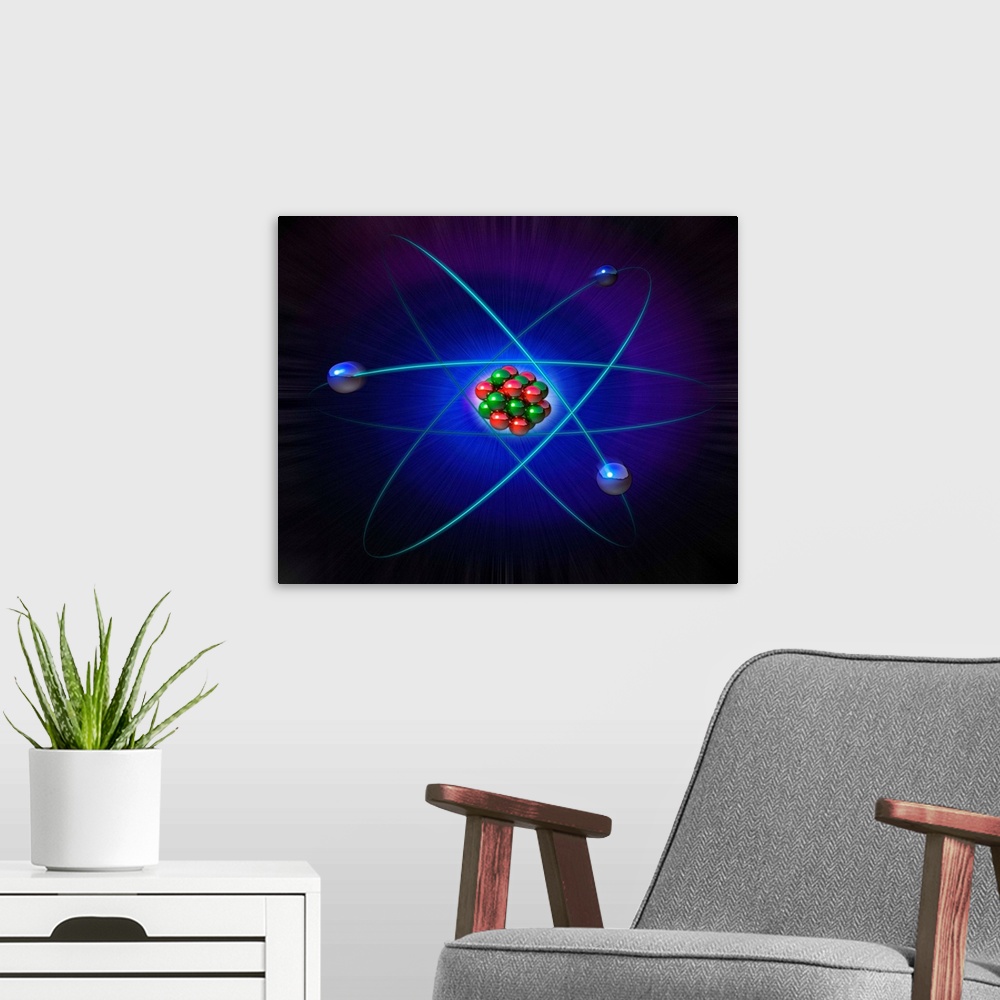 A modern room featuring Atomic structure. Conceptual computer artwork of atomic structure. Three electrons (blue) are see...