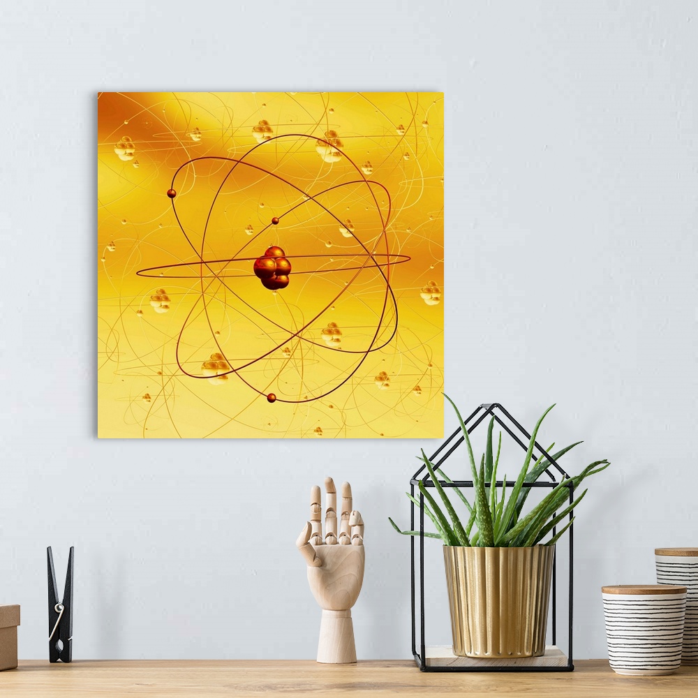 A bohemian room featuring Atomic structure. Computer artwork of electrons orbiting a central nucleus. This is a classical s...