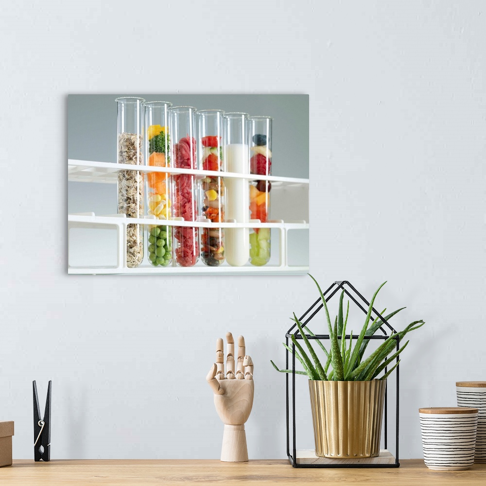 A bohemian room featuring Balanced diet. Test tubes containing the components of a healthy diet. From left to right are: ce...