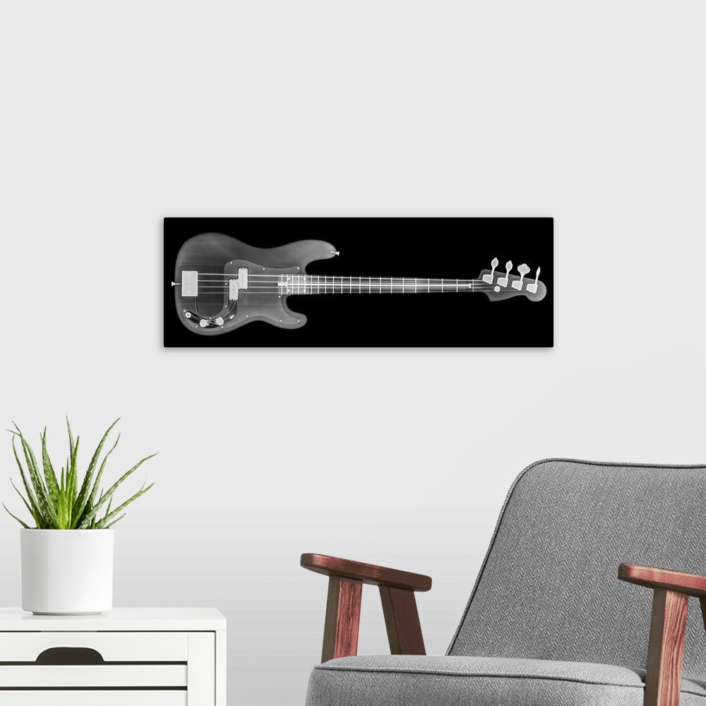 A modern room featuring Base Guitar under x-ray.