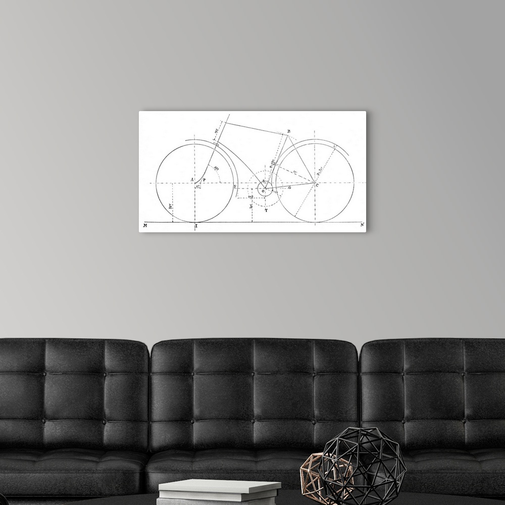 A modern room featuring Horizontal canvas of a drawing of the outline of a bike with measurements.